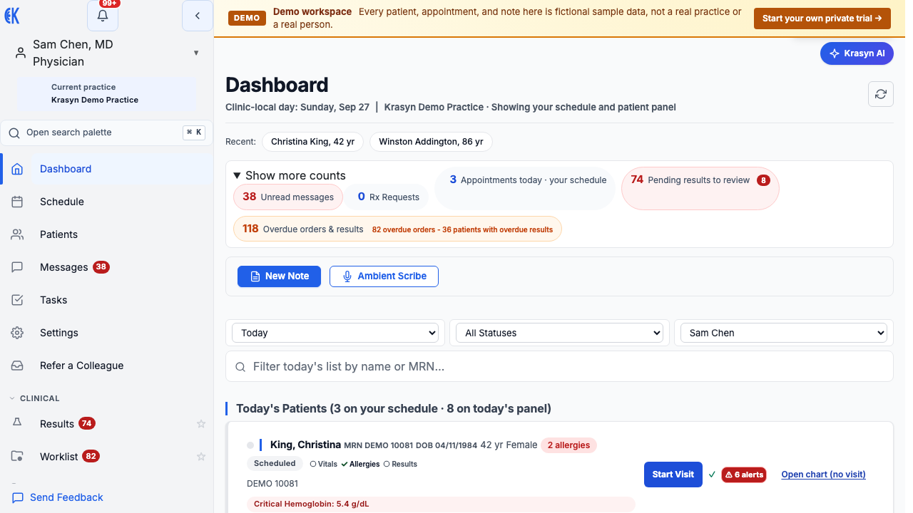 Current Krasyn production dashboard for the seeded physician demo
