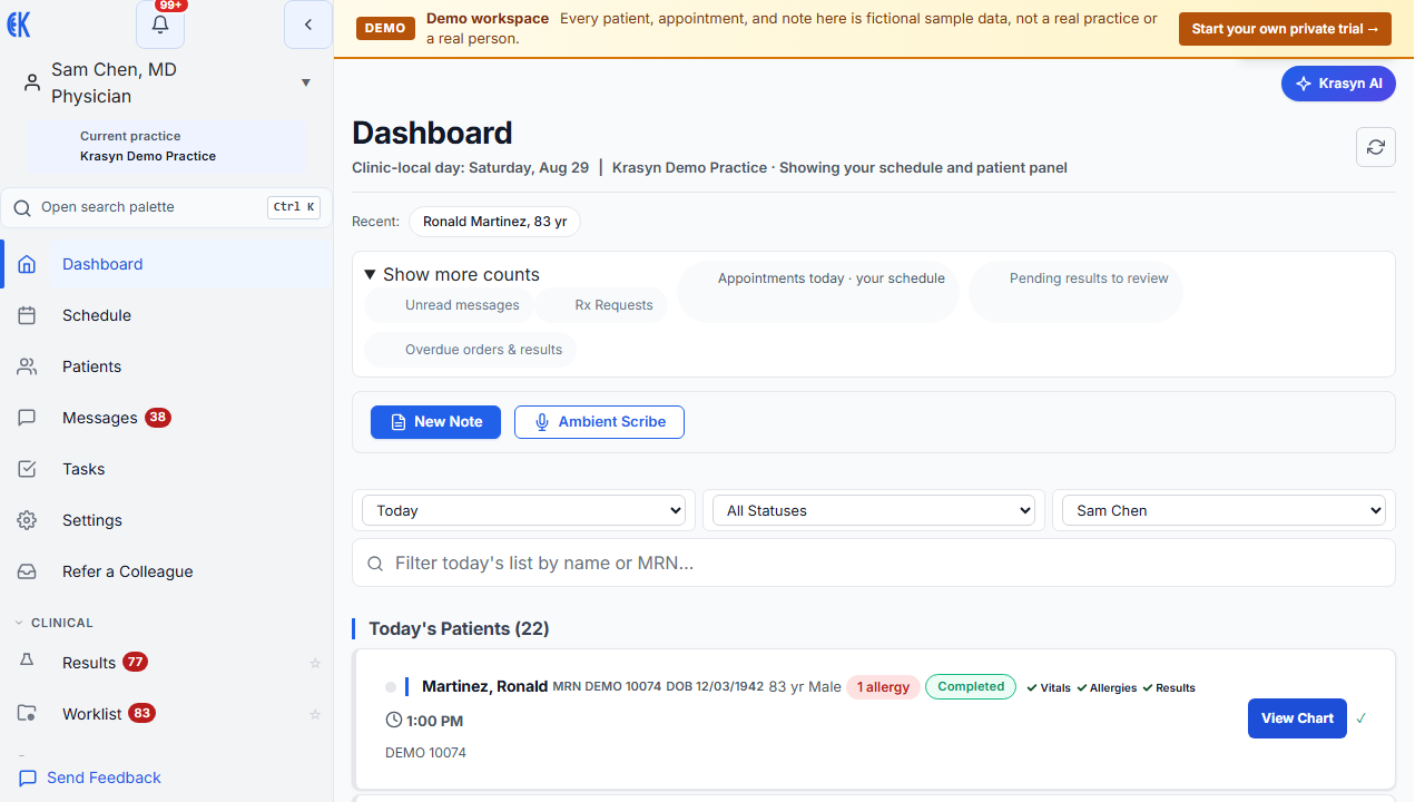 Current Krasyn production dashboard for the seeded non-PHI demo clinic