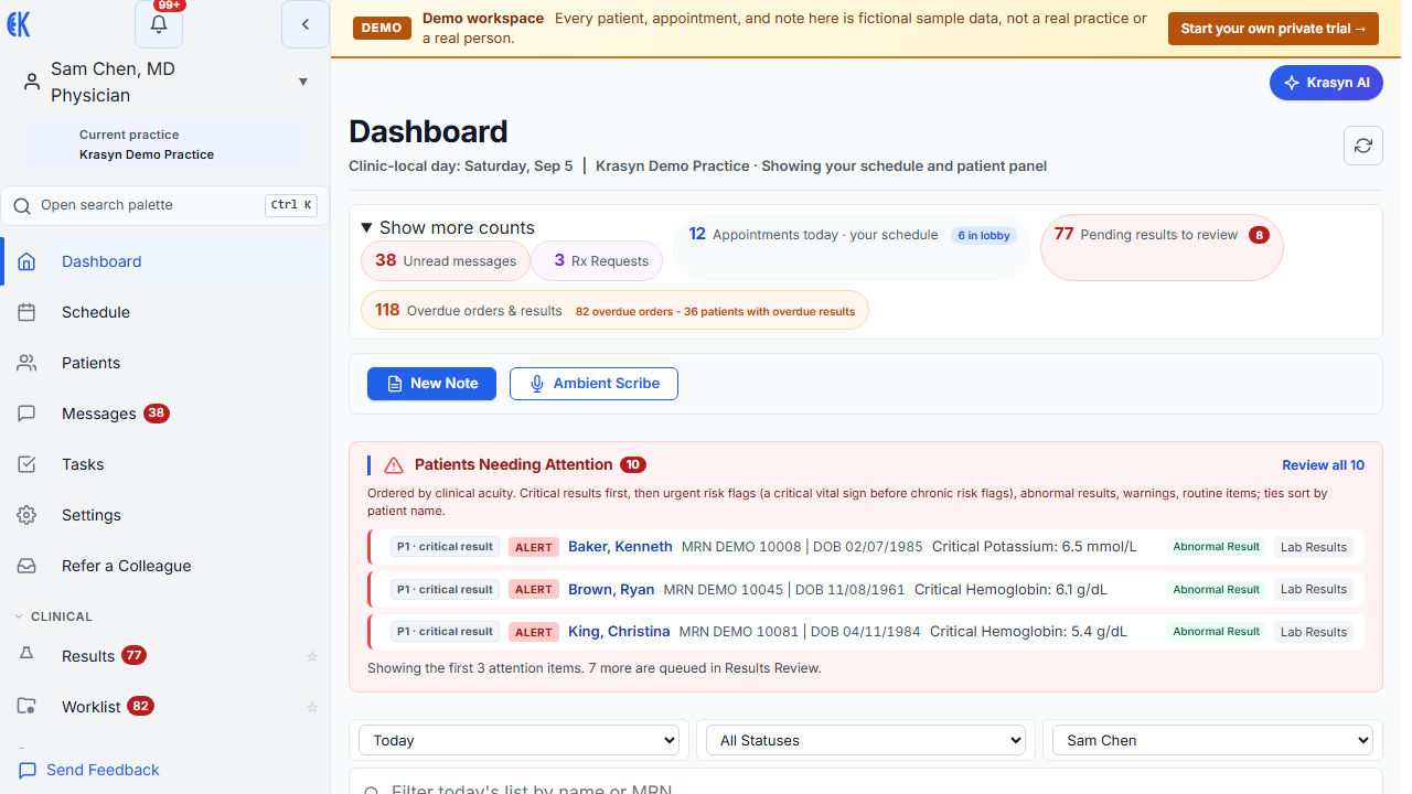Current Krasyn provider dashboard captured from the seeded non-PHI production demo clinic