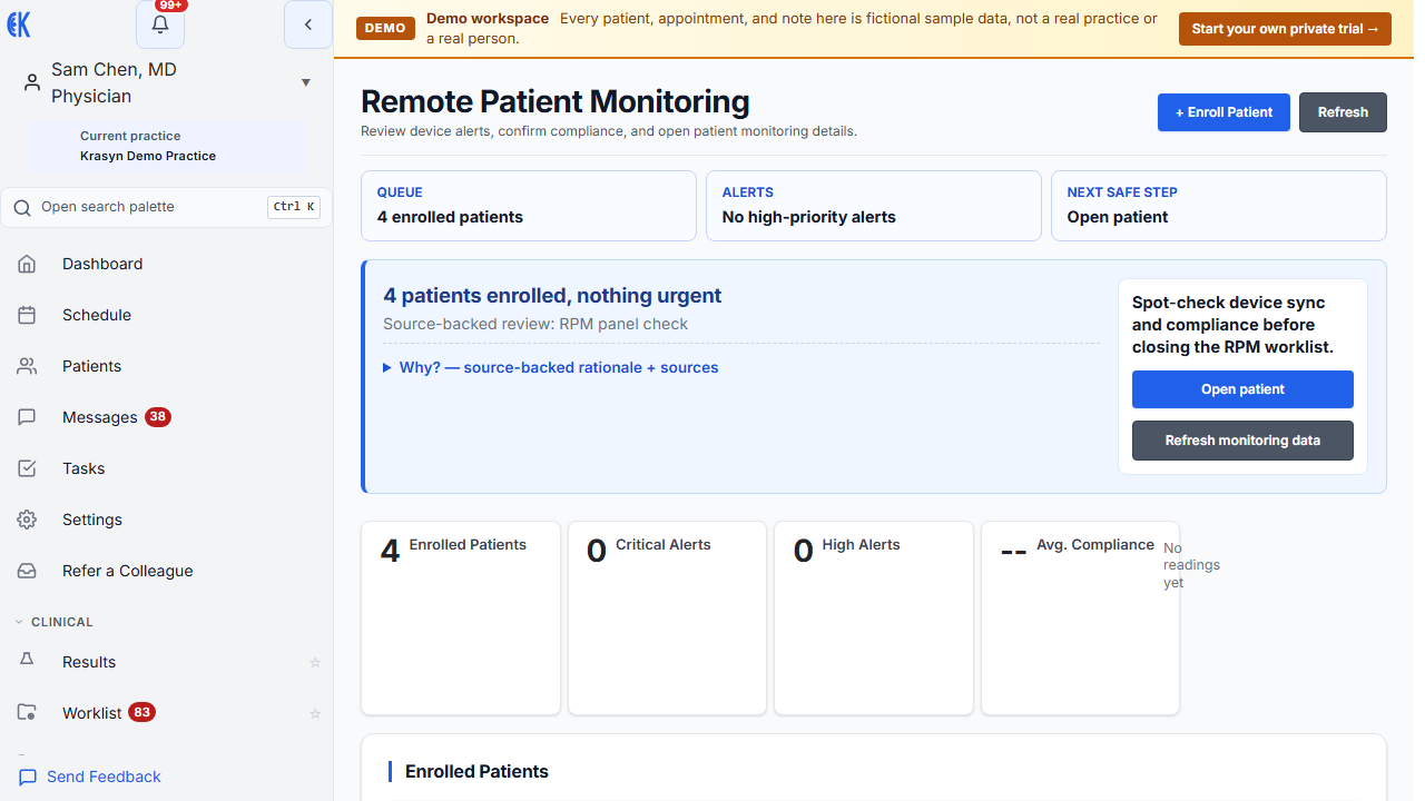 Remote patient monitoring worklist with enrolled patients, alert counts, and compliance review