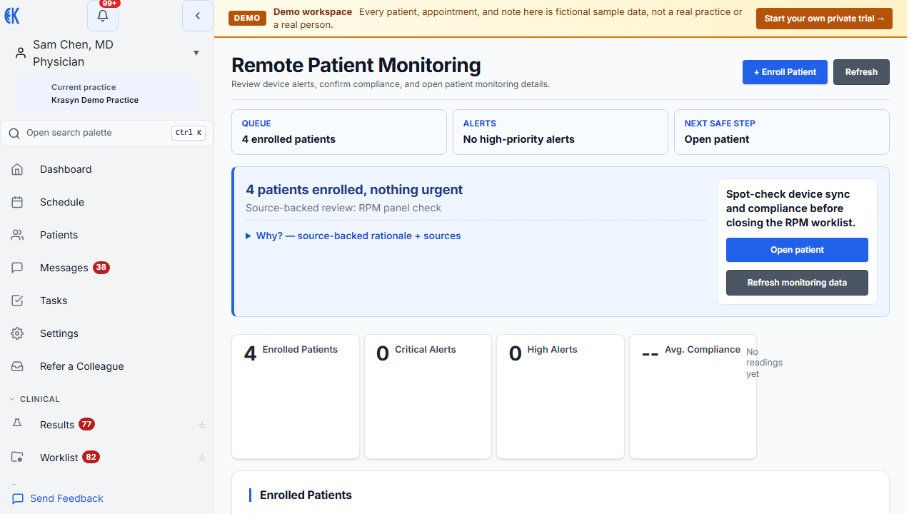 Remote patient monitoring worklist with enrolled patients, alert counts, and compliance review
