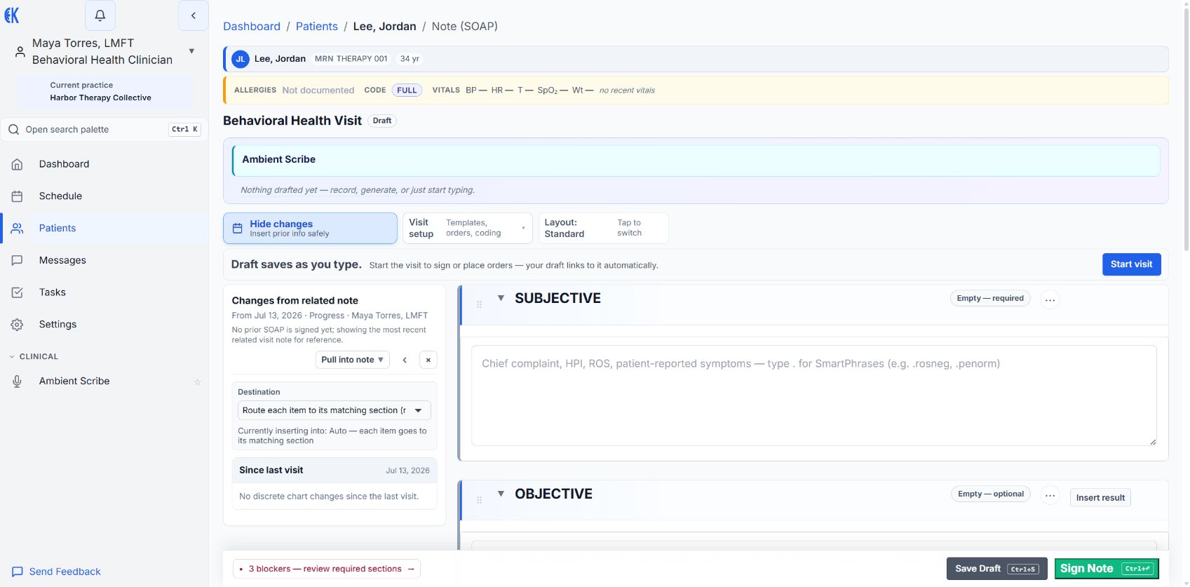 Synthetic behavioral-health note in the Krasyn clinician review workflow